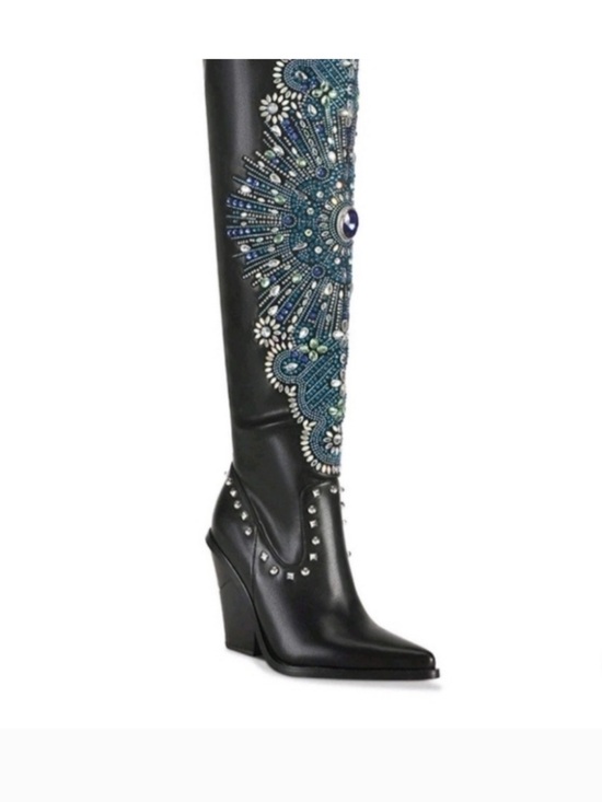 Azalea Wang Shoes - Azalea Wang Axelbeat Embellished Black Over-the-Knee Boot with Blue Accents 8.5